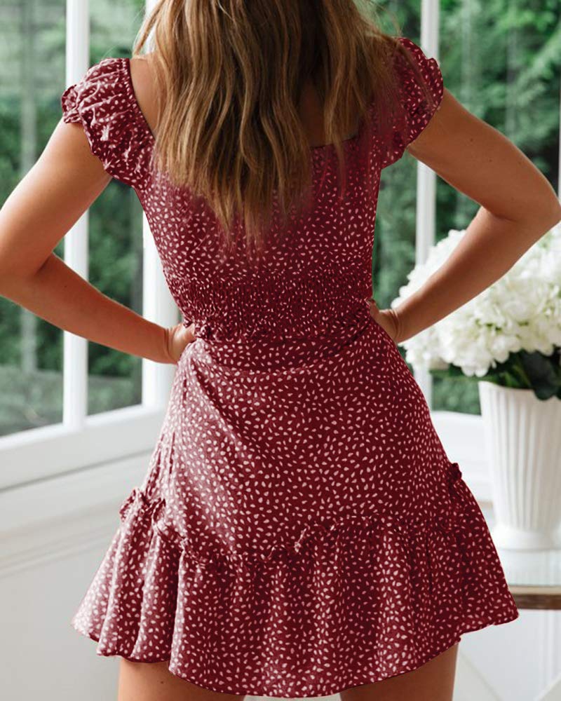 YOBECHO Womens Summer Ruffle Sleeve Sweetheart Neckline Printing Dress Mini Dresses Wine Red - Image 3